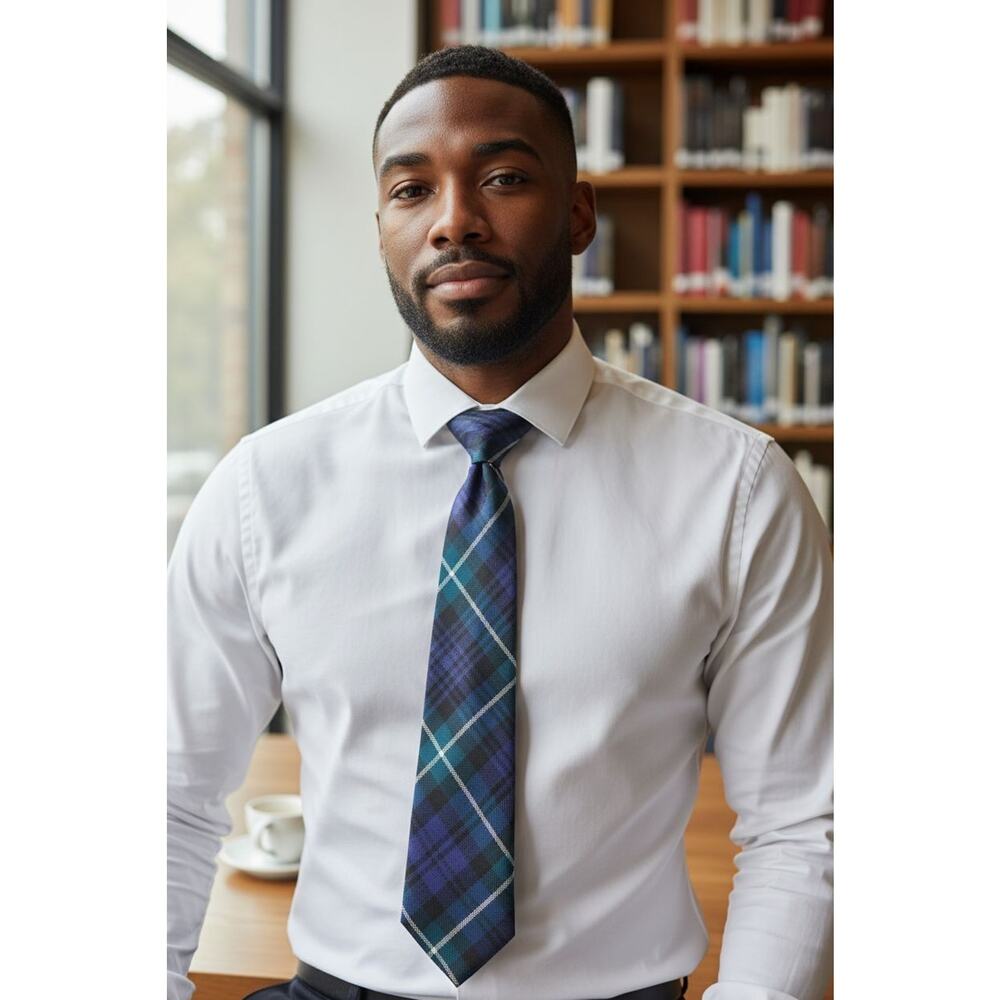 INGLES BUCHAN Tie Plaid Blue Green White 100% Wool Made in Scotland